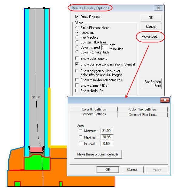 Screenshot of an isotherm display, the Results Display Options dialog box with the Advanced button highlighted and the Isotherm Settings dialog box