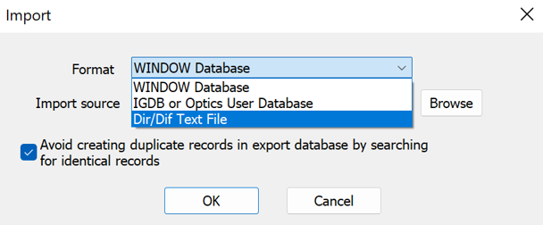 Import format dropdown menu selecting Dir/dif